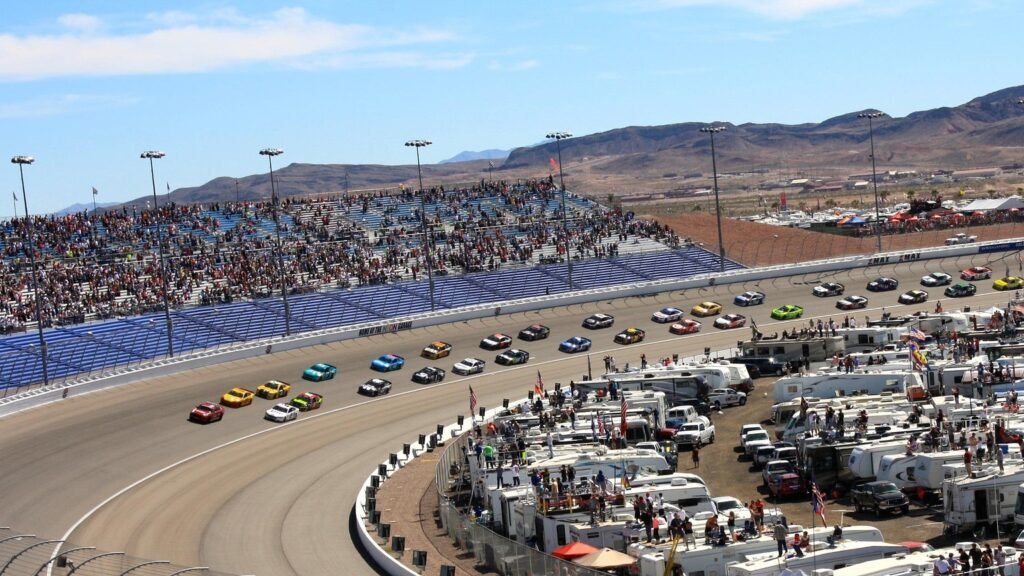 Oval racing circuit seen during a motorsport meeting